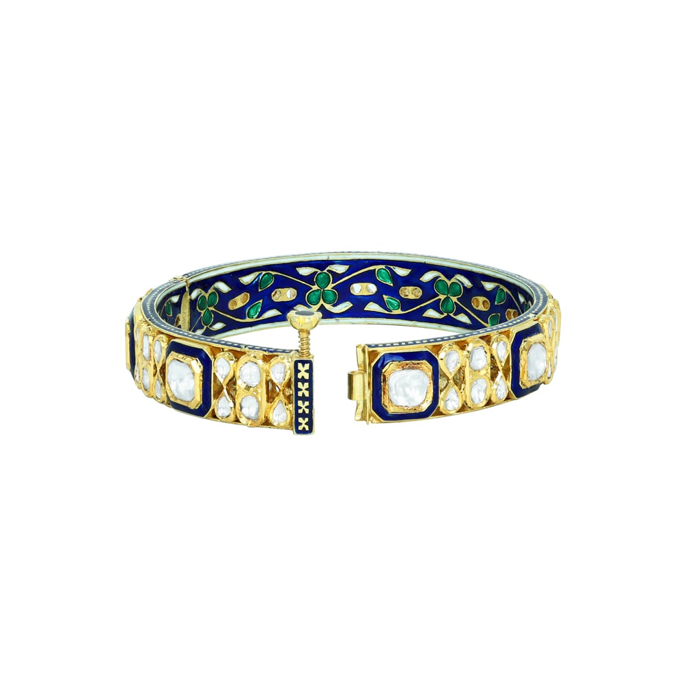 Deep Blue Enamel Bangle with Polki Clusters and Borders